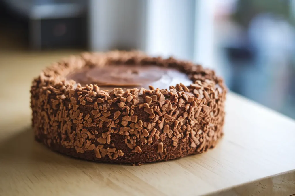 Brown sugar icing spread over a freshly baked cake