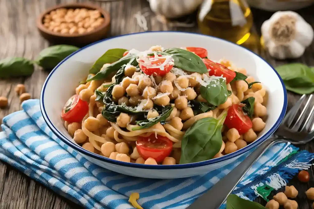 A plate of cooked chickpea pasta with vegetables