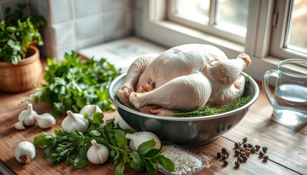 Preparing chicken for brining