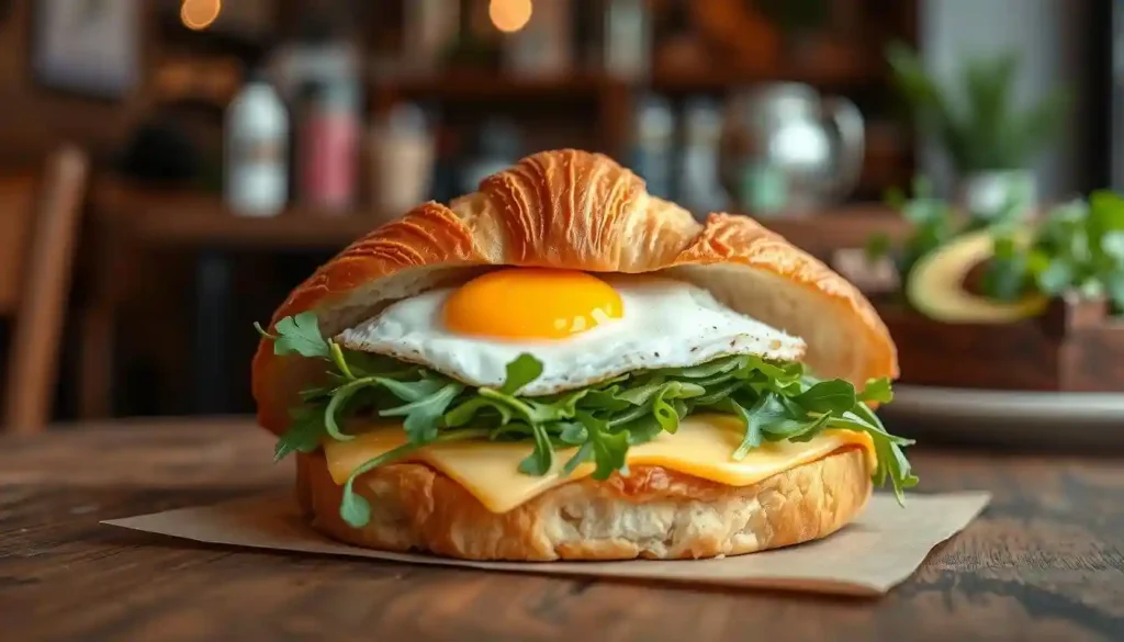 Golden croissant sandwich with a sunny-side-up egg, fresh arugula, and cheese on a wooden table