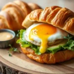 Croissant sandwich with a sunny-side-up egg, fresh avocado slices, and lettuce on a wooden platter.