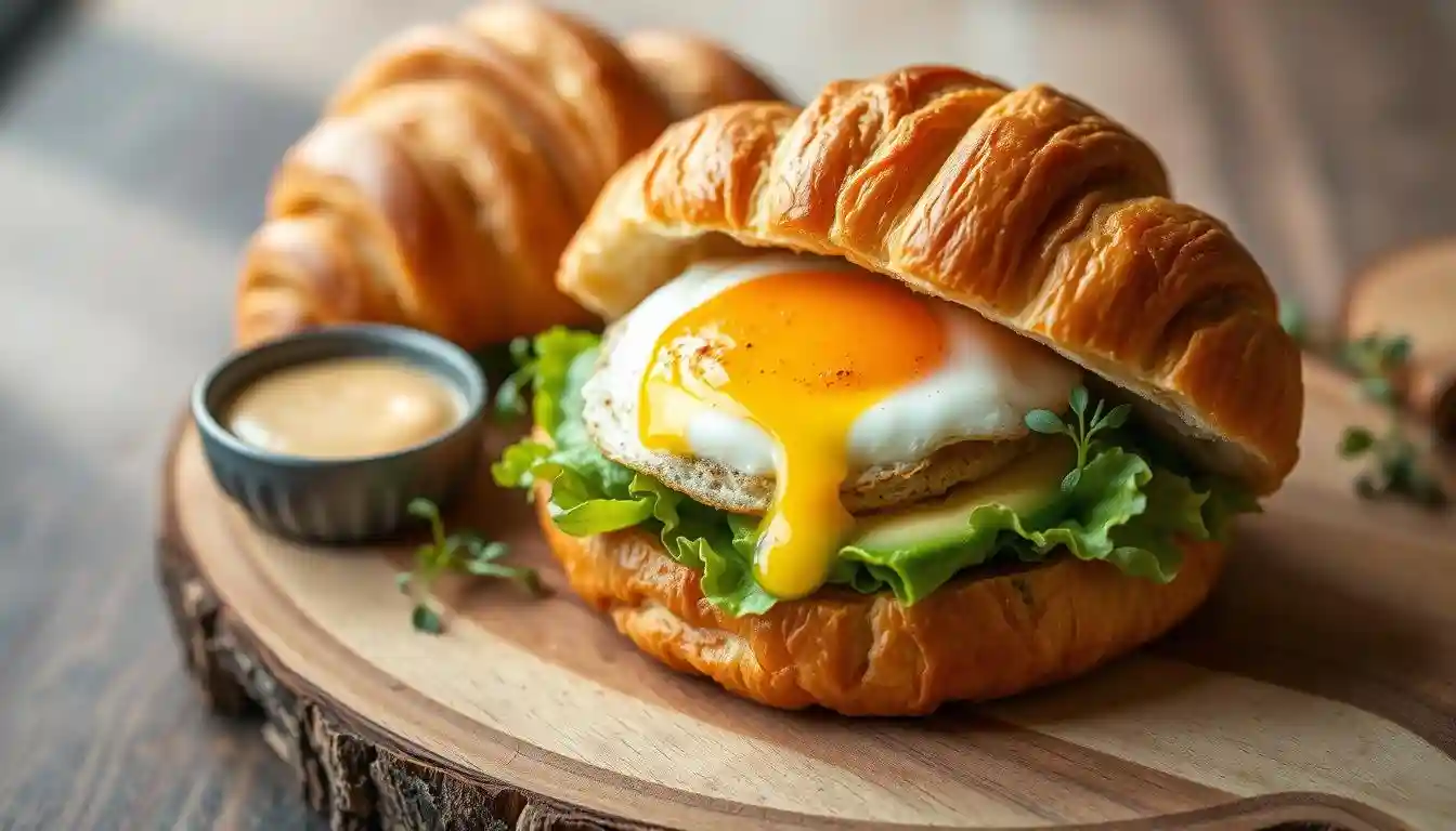 Croissant sandwich with a sunny-side-up egg, fresh avocado slices, and lettuce on a wooden platter.