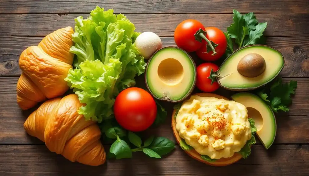 Ingredients for croissant egg sandwiches: golden croissants, ripe avocados, lettuce, tomatoes, and scrambled eggs on a rustic table